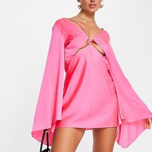 ASOS DESIGN satin cape sleeve mini dress with tie back detail in fuchsia
